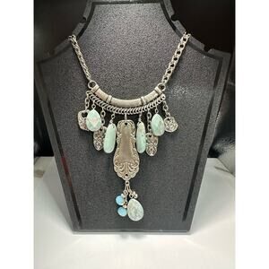 Necklace, Assemblage, Vntg, Slvrplate flatware, Charms, Turquoise Colored Beads